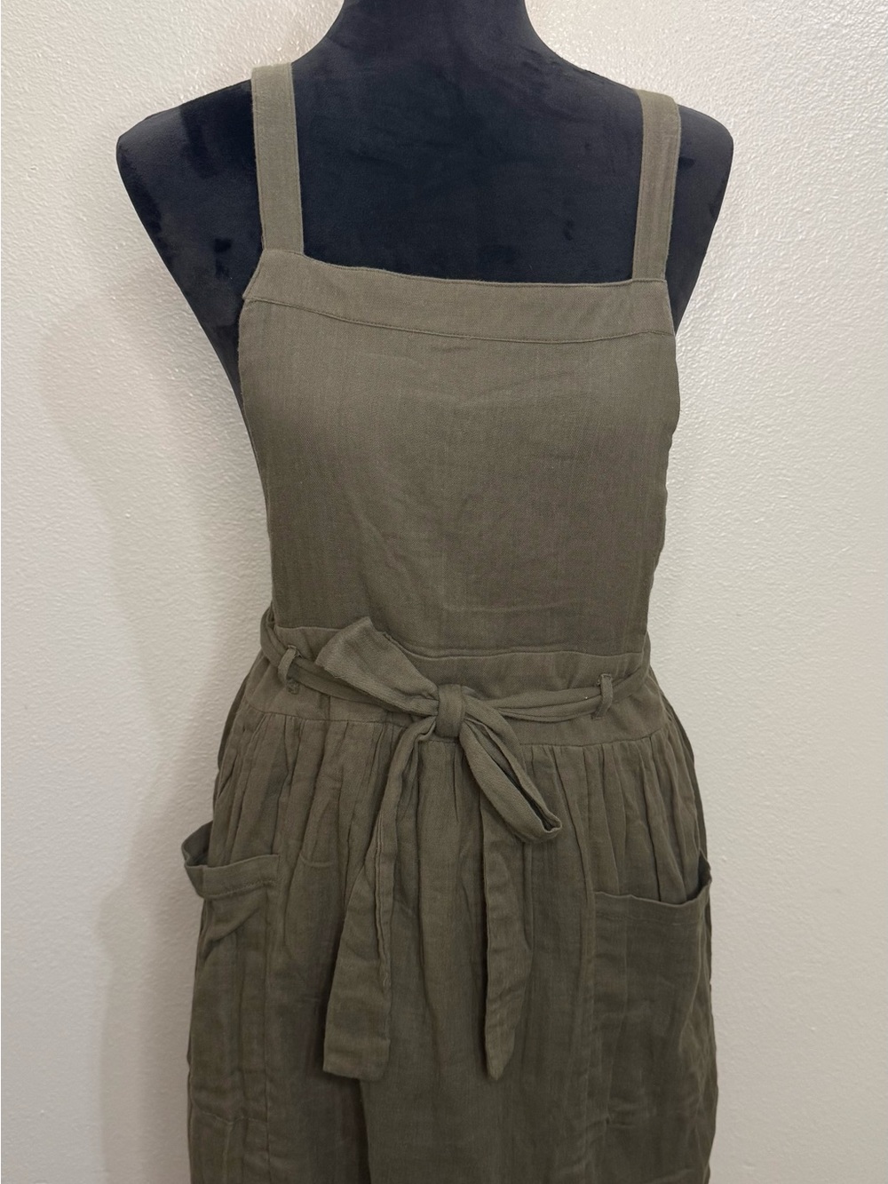 Olive Green Linen Tie-Waist apron dress